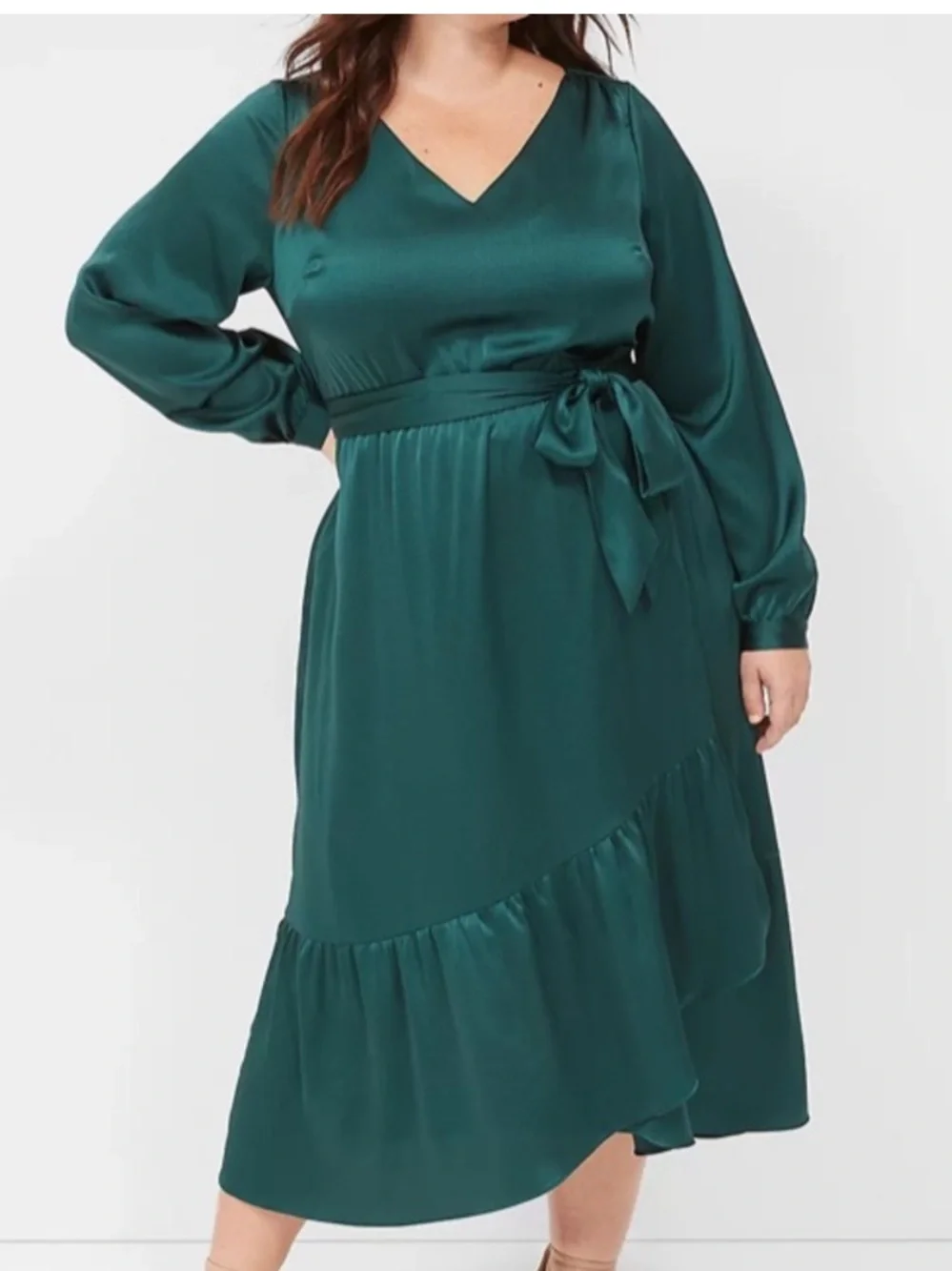 Lane Bryant V-Neck Long Sleeve Midi Dress with Tie Waist - Emerald Green sz 18